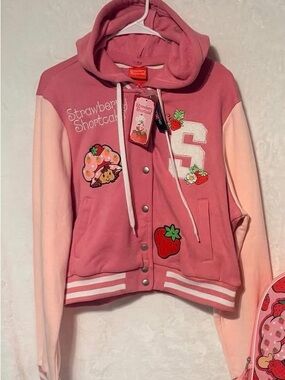 Hot Topic Pink & Light Pink Strawberry Shortcake Varsity Hoodie Jacket